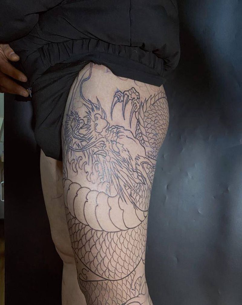 花腿线条纹身图片_腿部新传统银川 花腿龍纹身图案