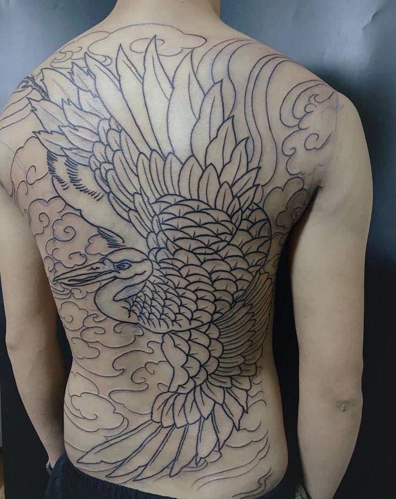 仙鹤纹身图片_背部新传统纹身图案