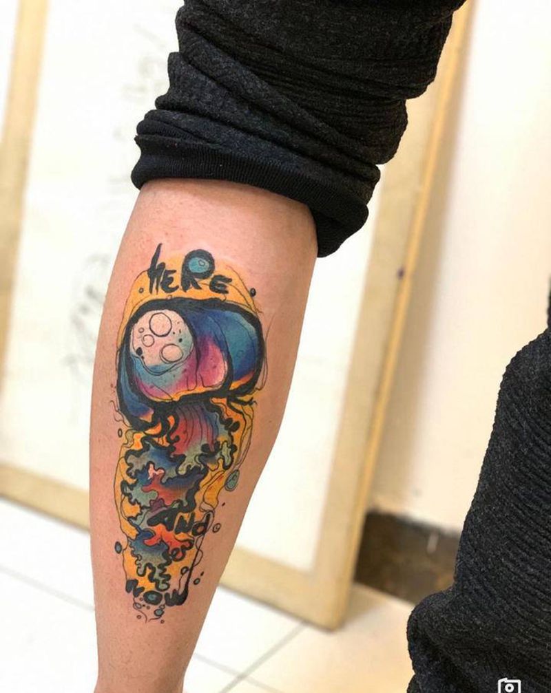 水彩 小水母纹身图片_腿部水彩纹身图案