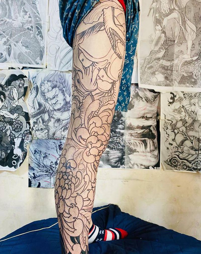 花腿纹身图片_腿部老传统纹身图案