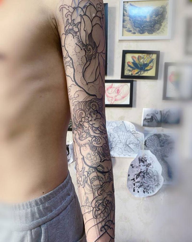 唐狮花臂纹身图片_手臂老传统银川银川老传统纹身图案