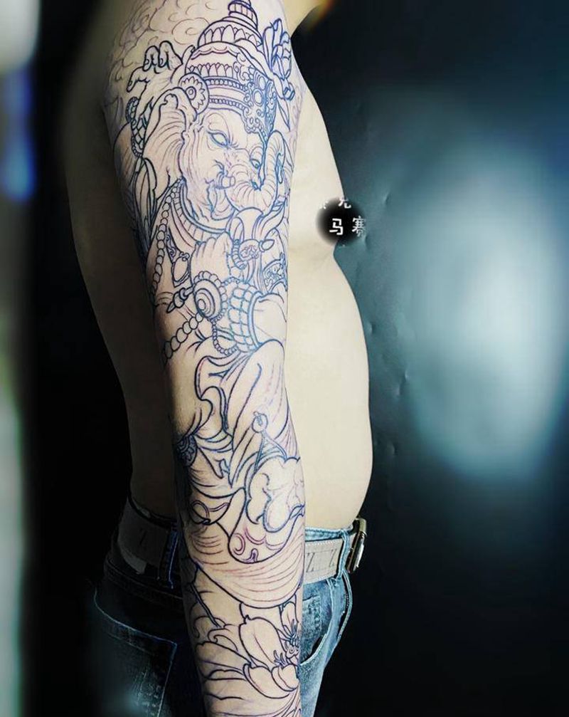 花臂象神纹身图片_手臂新传统银川 花臂纹身图案