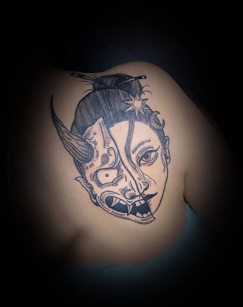 面具艺妓纹身图片_肩部纹身图案