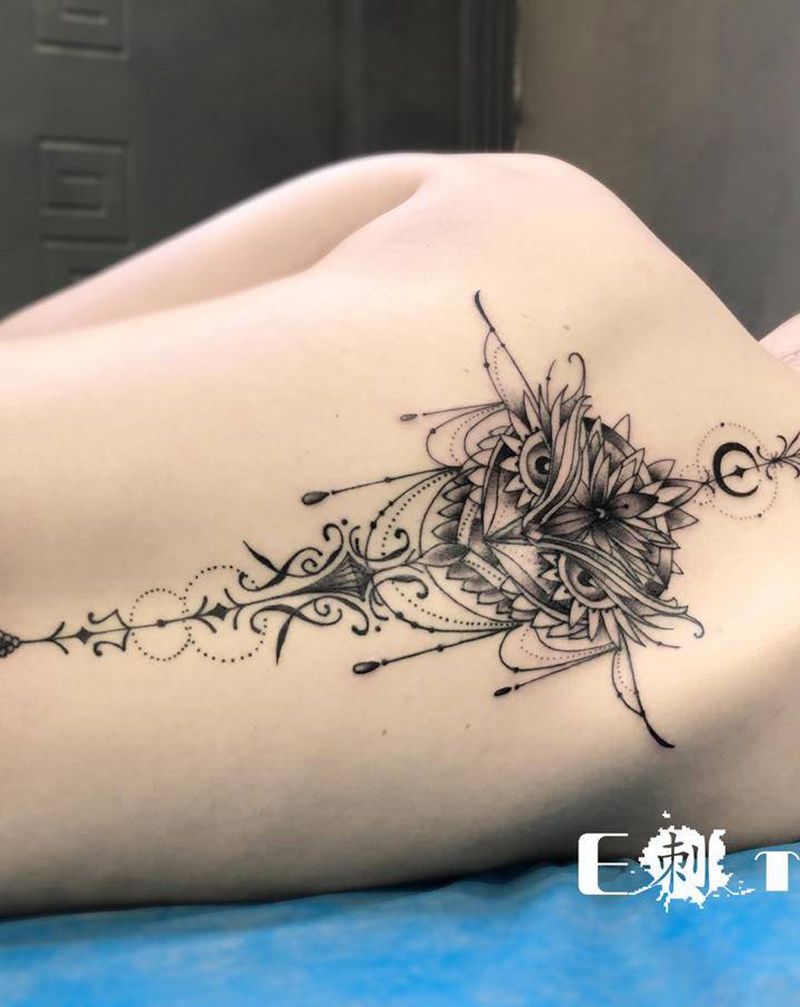 猫头鹰点刺纹身图片_背部点刺纹身图案