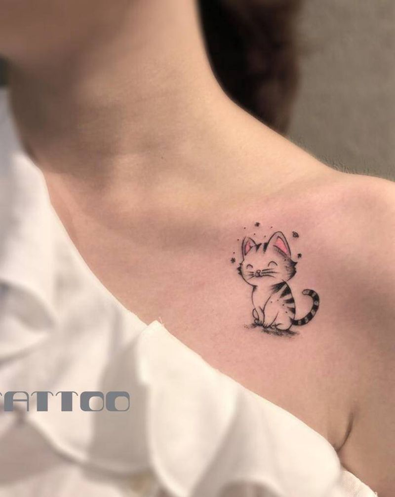 卡通小猫纹身图片_颈部新传统纹身图案