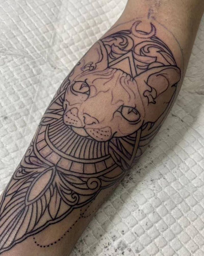 小猫咪儿纹身图片_手臂点刺几何纹身图案