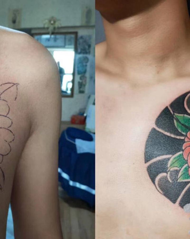 传统遮盖纹身图片_胸部老传统纹身图案