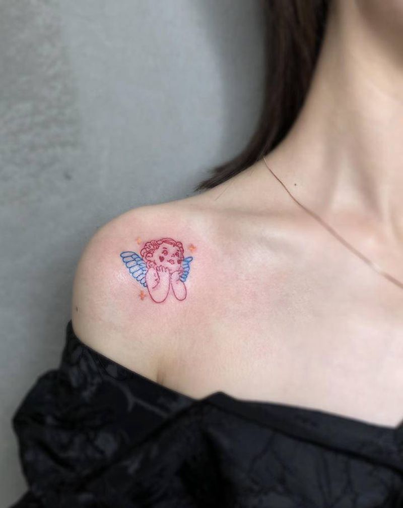 小天使纹身图片_肩部新传统纹身图案