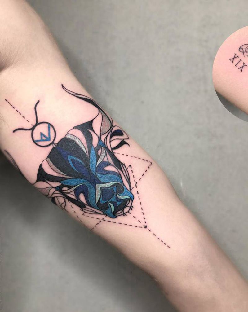 金牛座图案（遮盖作品）纹身图片_手臂点刺几何纹身图案