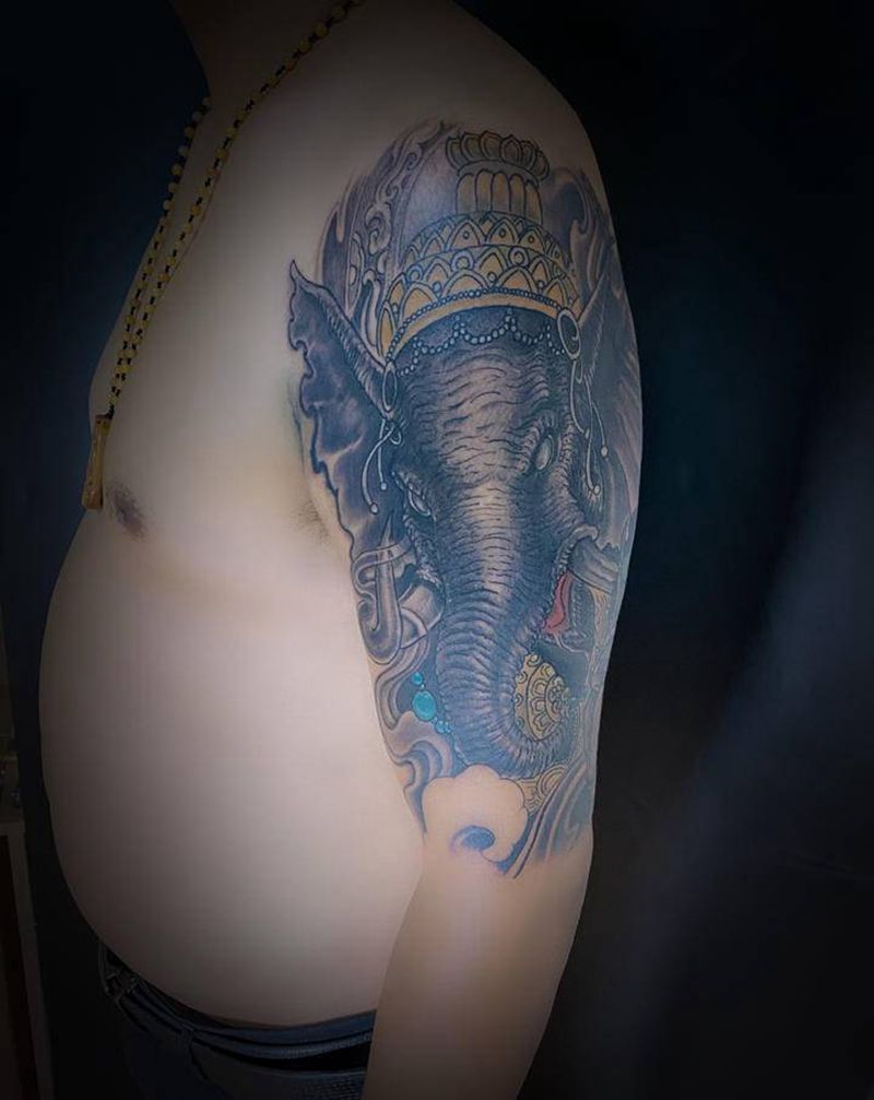 象神纹身图片_手臂新传统纹身图案