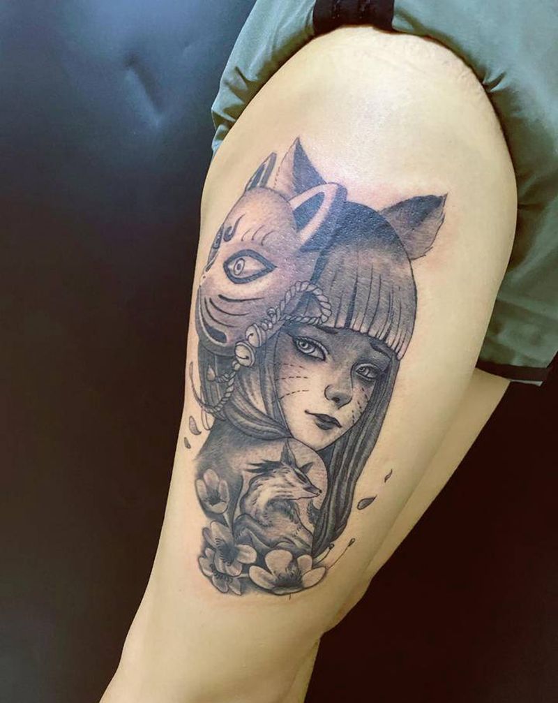 狐狸女郎纹身图片_腿部纹身图案