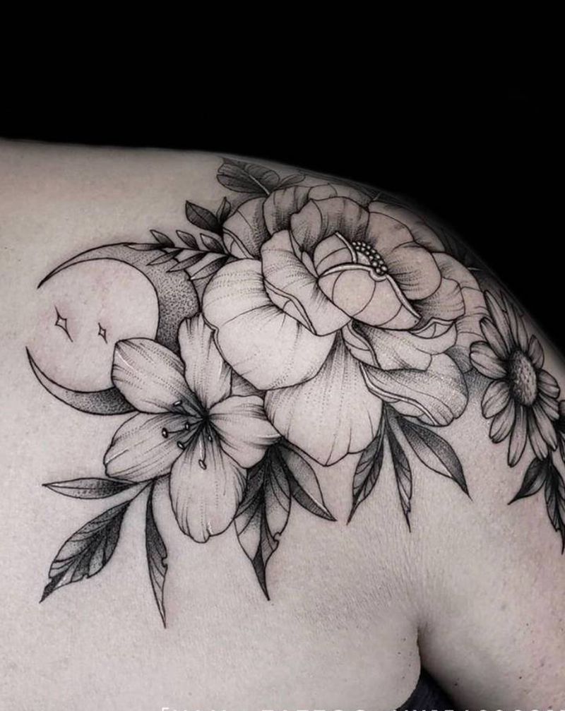 素花纹身图片_肩部颈部点刺纹身图案