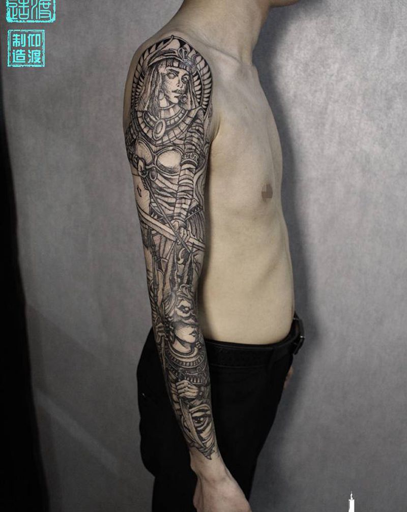 素描风格花臂完结纹身图片_手臂纹身图案