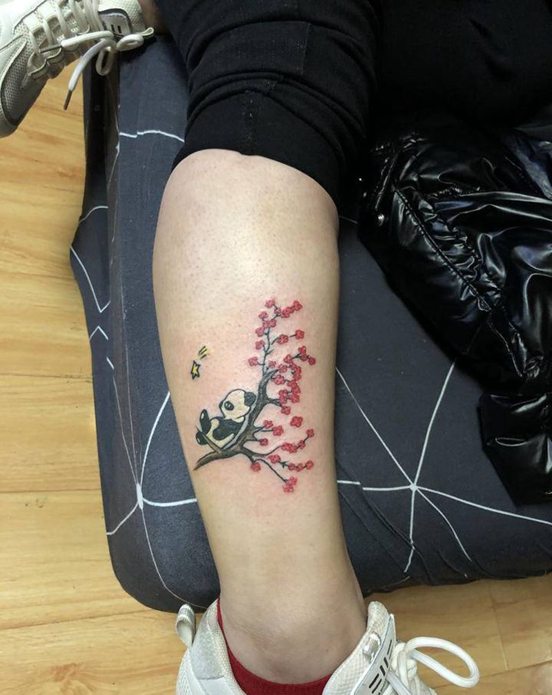 小国宝纹身图片_腿部水墨水彩纹身图案