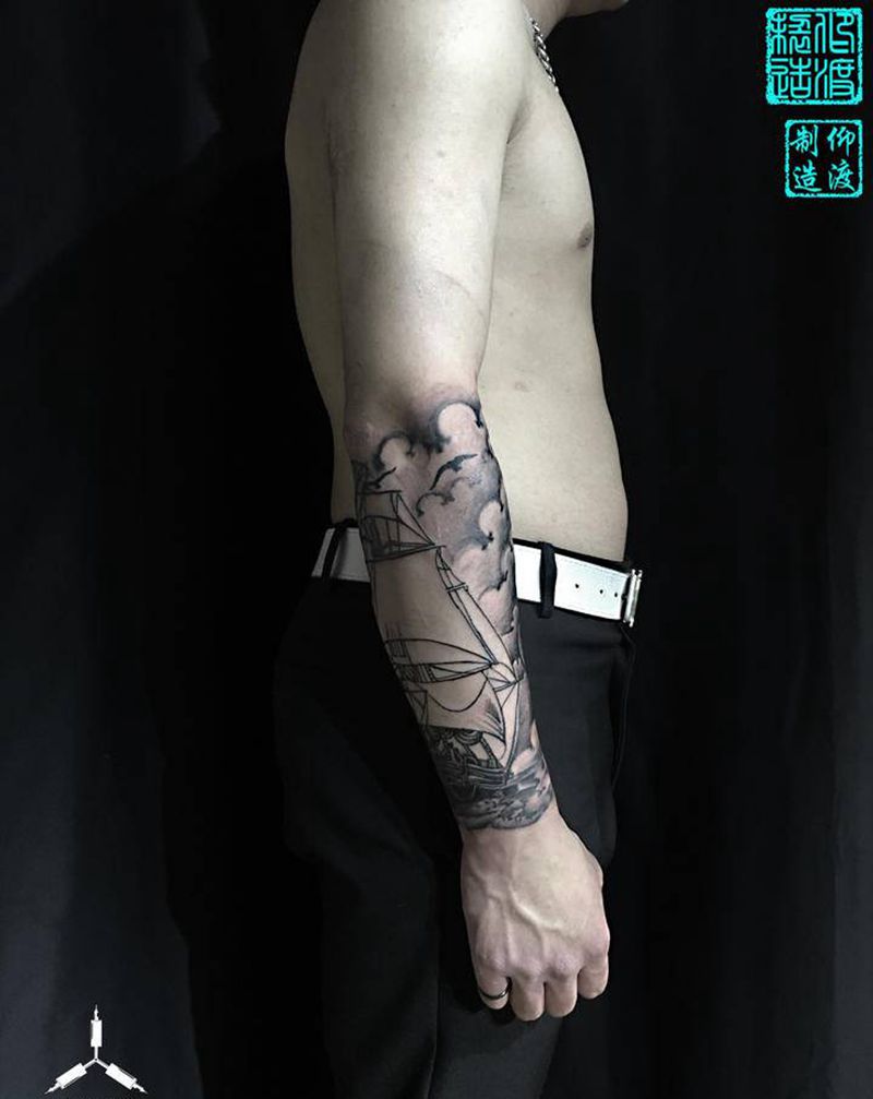 帆船／未完成纹身图片_手臂欧美写实纹身图案