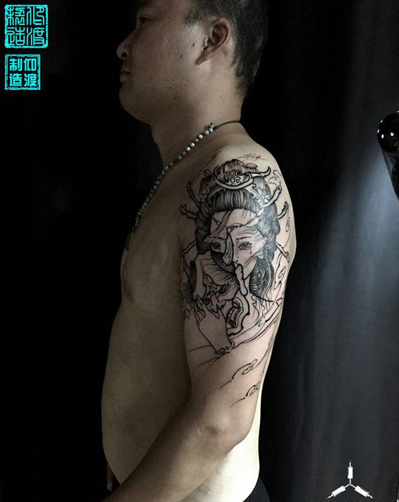 新传统／艺妓／未完成…纹身图片_手臂老传统艺妓仰渡刺青纹身图案