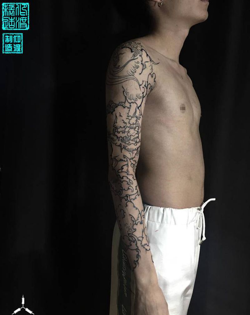 唐狮／扩线完成纹身图片_手臂新传统纹身图案