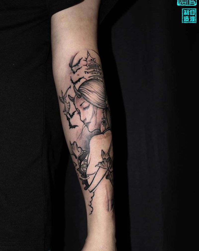 今工／五福与艺妓／疤痕遮盖／纹身图片_手臂新传统纹身图案