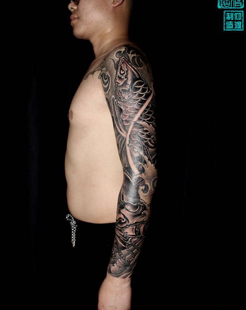 新传统／整臂／仰渡刺青黑灰作品纹身图片_手臂新传统纹身图案