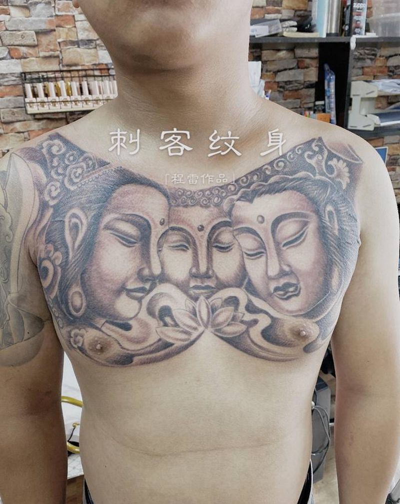 三面佛纹身图片_胸部纹身图案