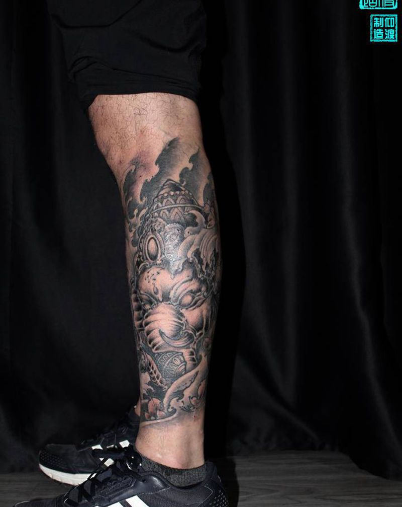传统象神纹身图片_腿部新传统纹身图案