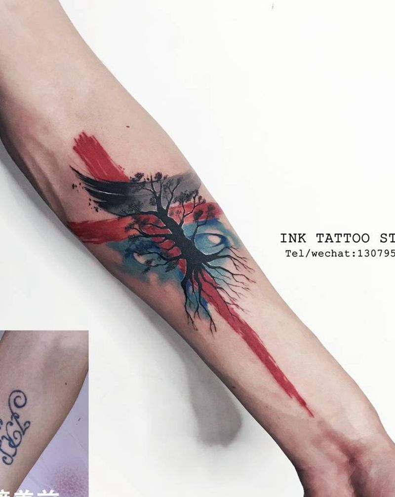 遮盖纹身图片_手臂水彩纹身图案