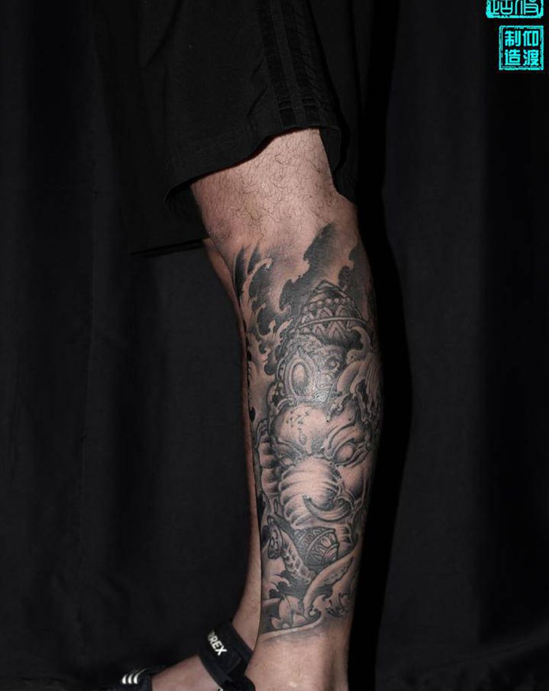 象神作品纹身图片_腿部新传统纹身图案