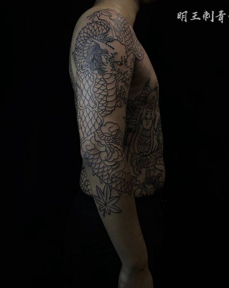 双臂龙凤线条纹身图片_手臂老传统纹身图案