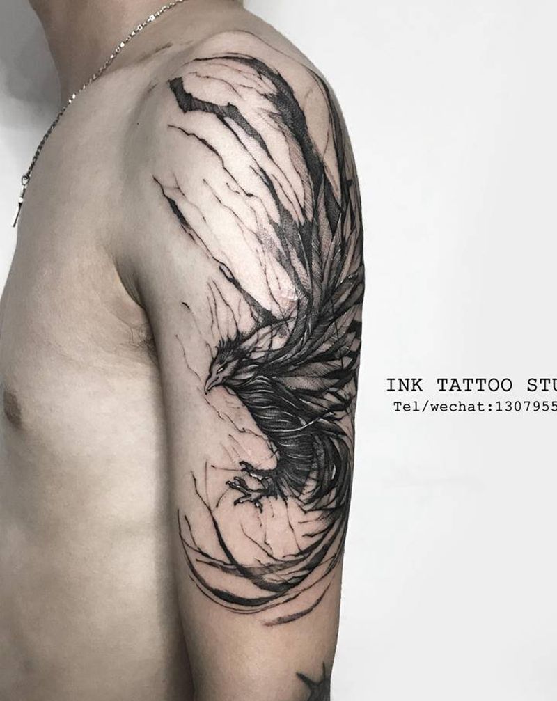 暗黑小凤凰纹身图片_手臂几何纹身图案