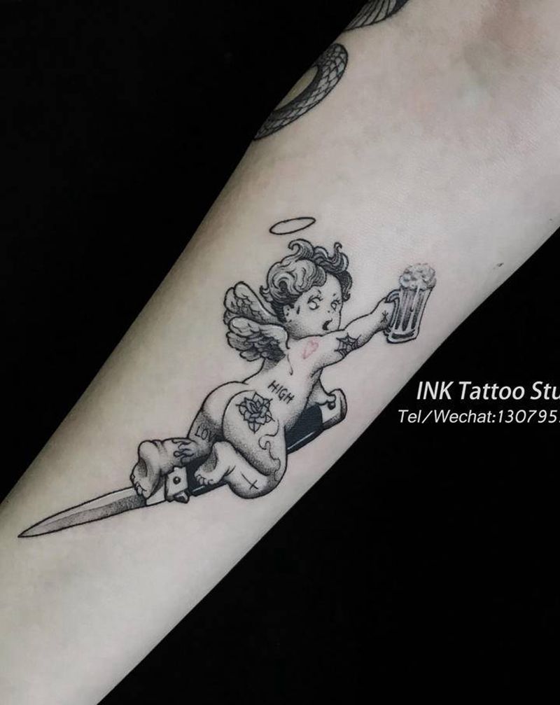 干杯纹身图片_手臂New School点刺纹身图案