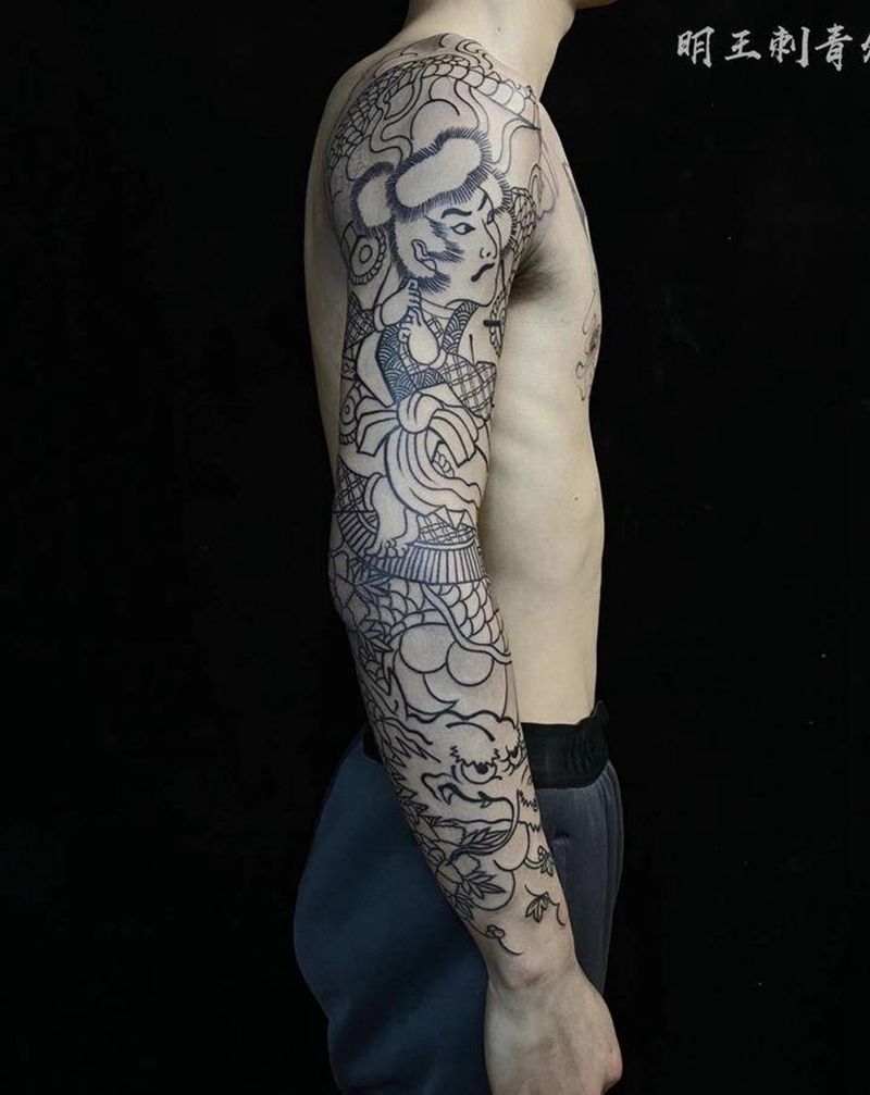 云龙九郎花臂割纹身图片_手臂老传统纹身图案