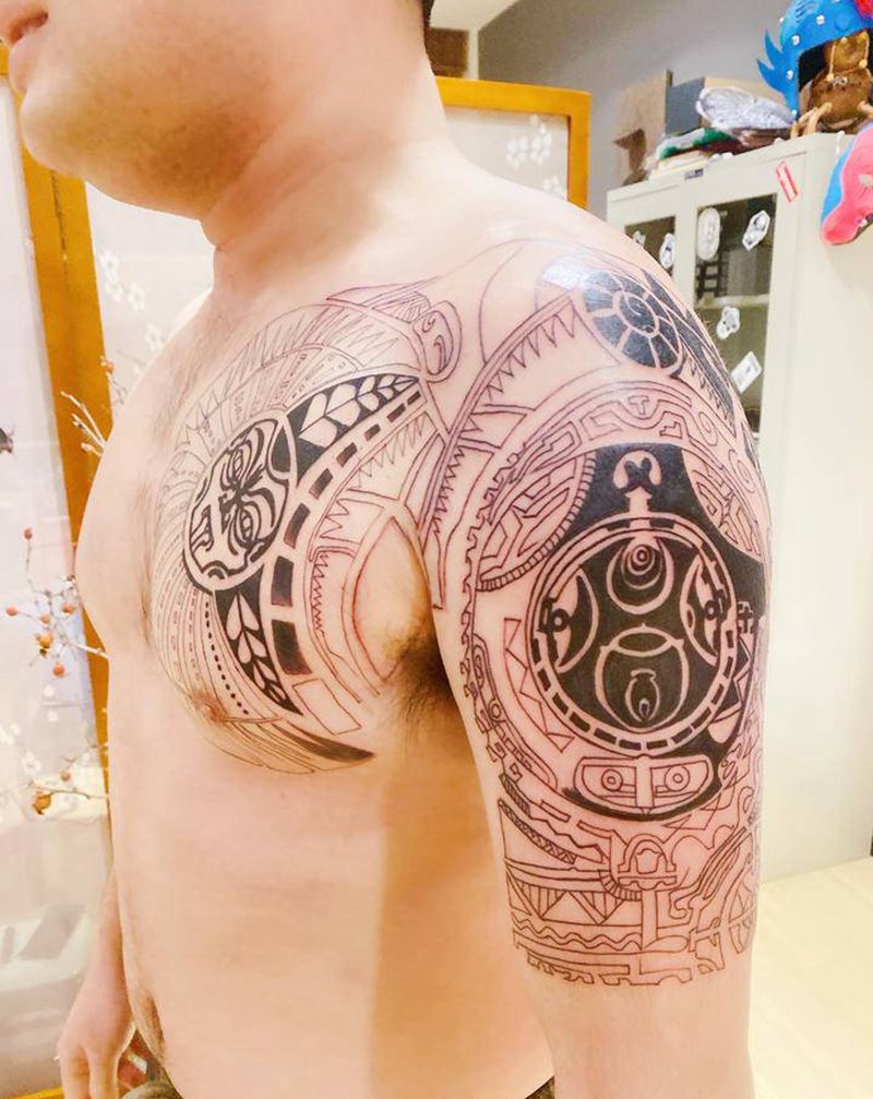 玛雅图腾半甲未完待续～纹身图片_胸部手臂图腾纹身图案