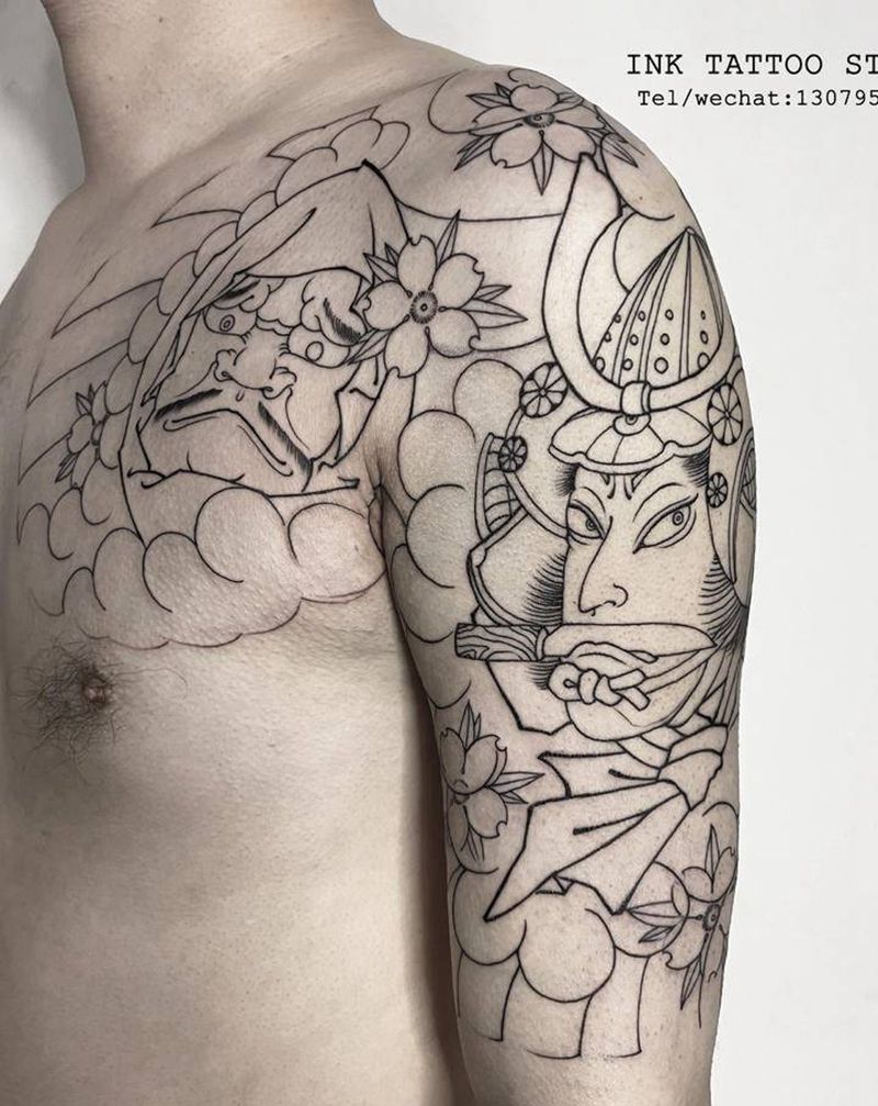 半胛割线纹身图片_肩部胸部老传统纹身图案