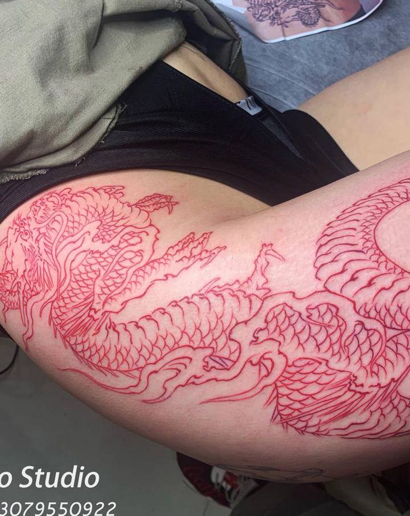 小红龙纹身图片_腿部纹身图案