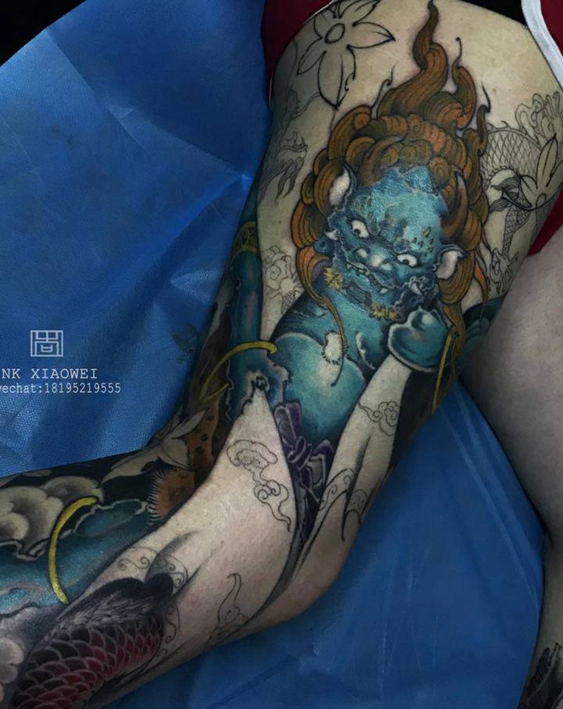 花腿进度70%纹身图片_腿部新传统纹身图案