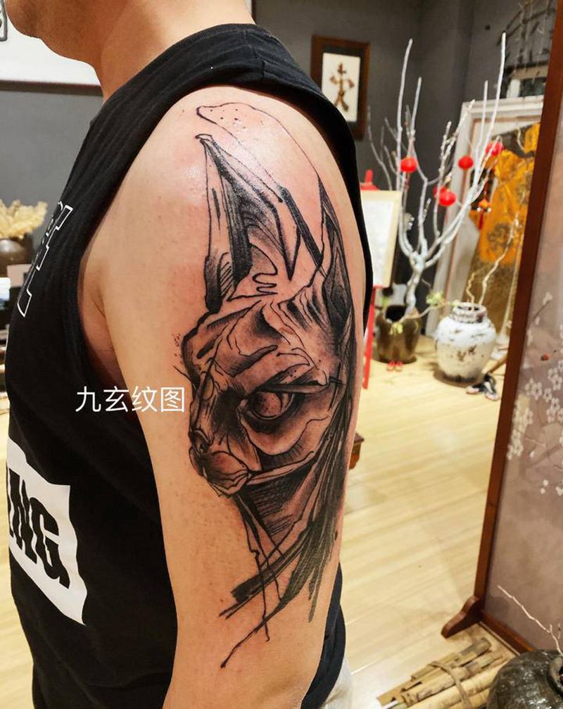 喵纹身图片_手臂水墨纹身图案