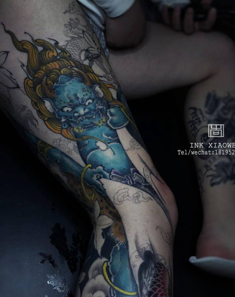 风神纹身图片_腿部新传统纹身图案