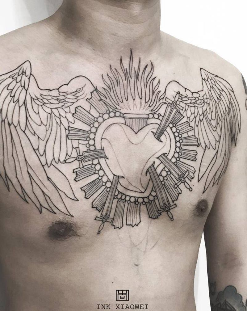 花胸线条纹身图片_胸部New School纹身图案
