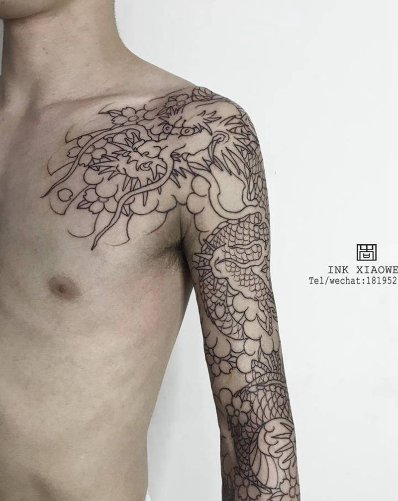 花臂线条纹身图片_手臂老传统纹身图案