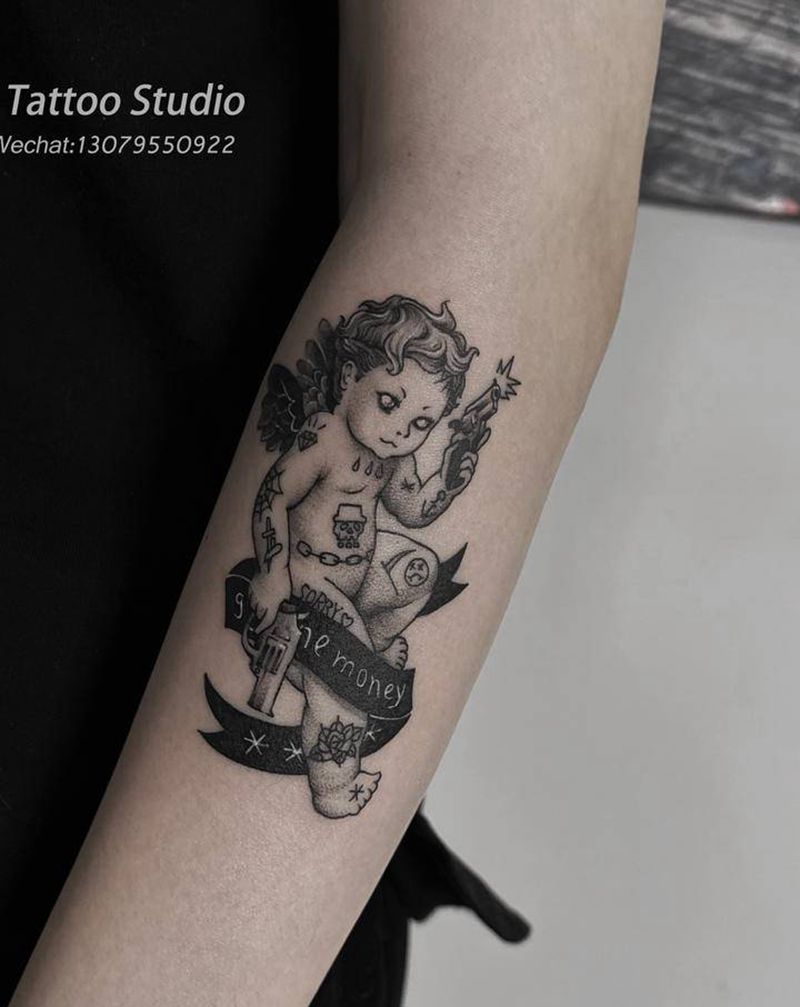 匪帮小天使纹身图片_手臂点刺New School纹身图案
