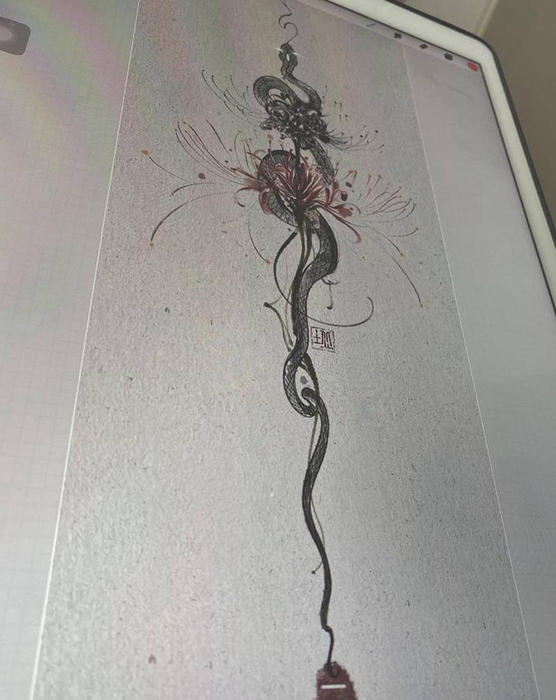 彼岸纹身图片_腰部背部水墨彼岸 蛇纹身图案