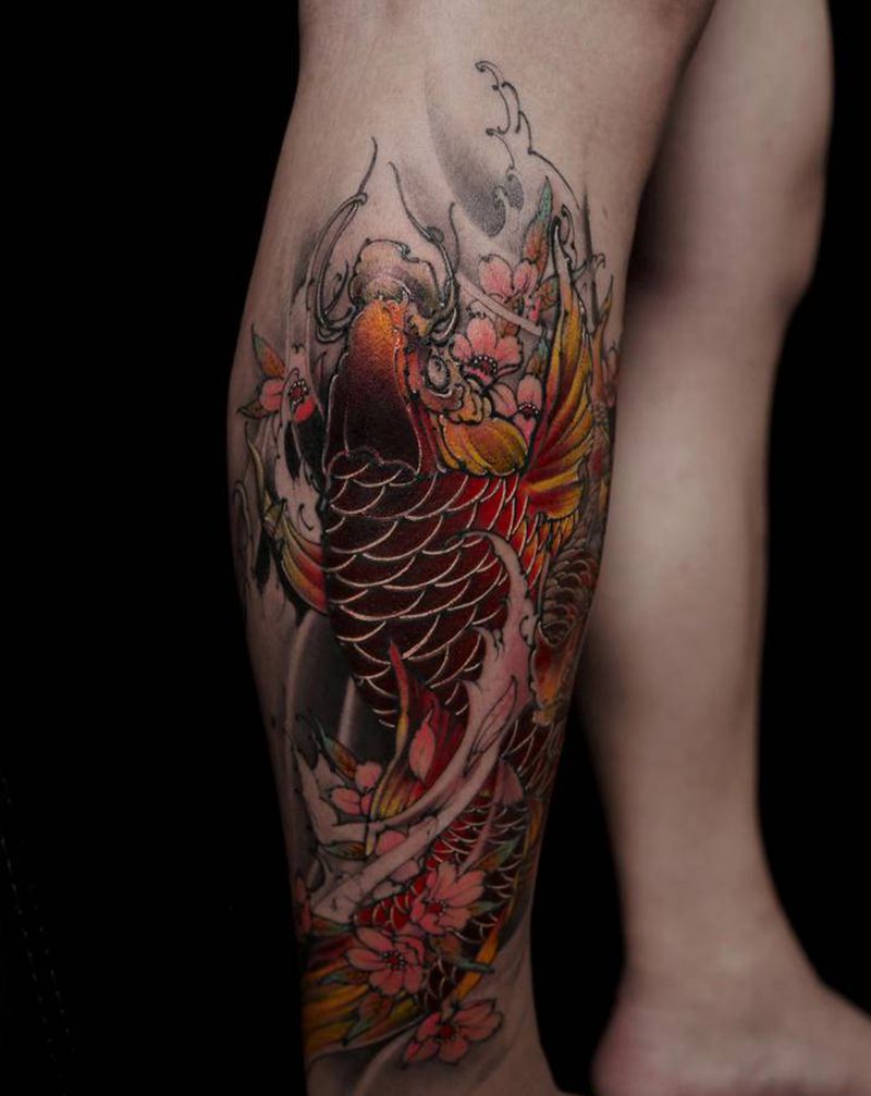 红烧大鲤鱼纹身图片_腿部新传统鱼纹身图案