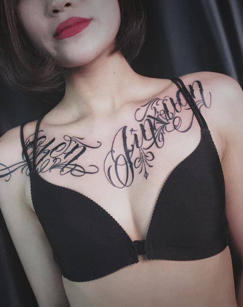奇卡诺纹身图片_胸部花体字纹身图案
