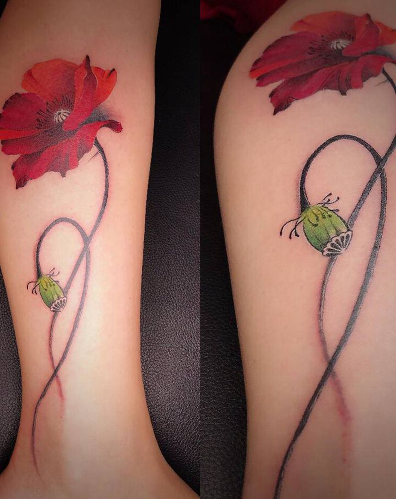 罂粟纹身图片_脚部腿部水墨水彩花纹身图案