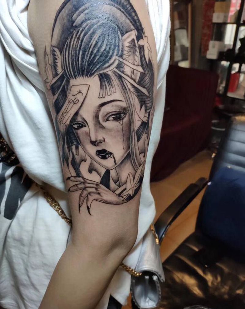 艺妓纹身图片_手臂新传统艺妓纹身图案