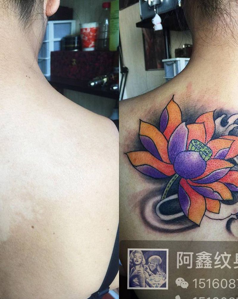 荷花遮盖胎记纹身图片_背部新传统纹身图案