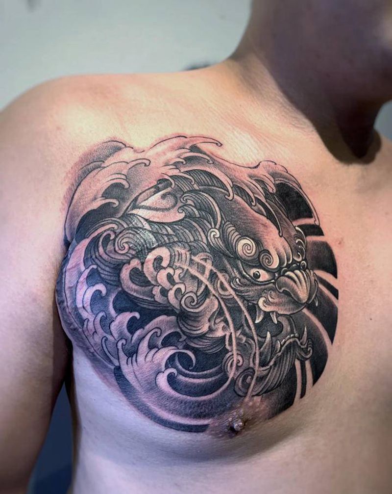 半甲唐狮纹身图片_胸部手臂新传统老传统纹身图案