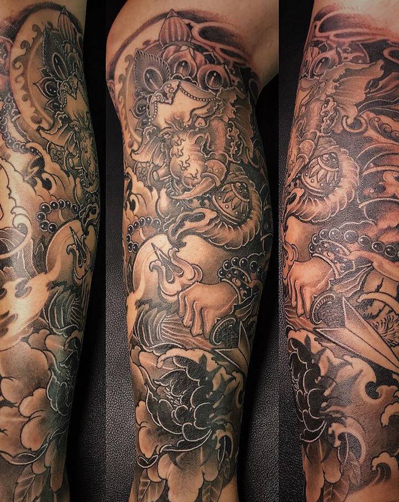 象神纹身图片_腿部新传统遮盖纹身图案