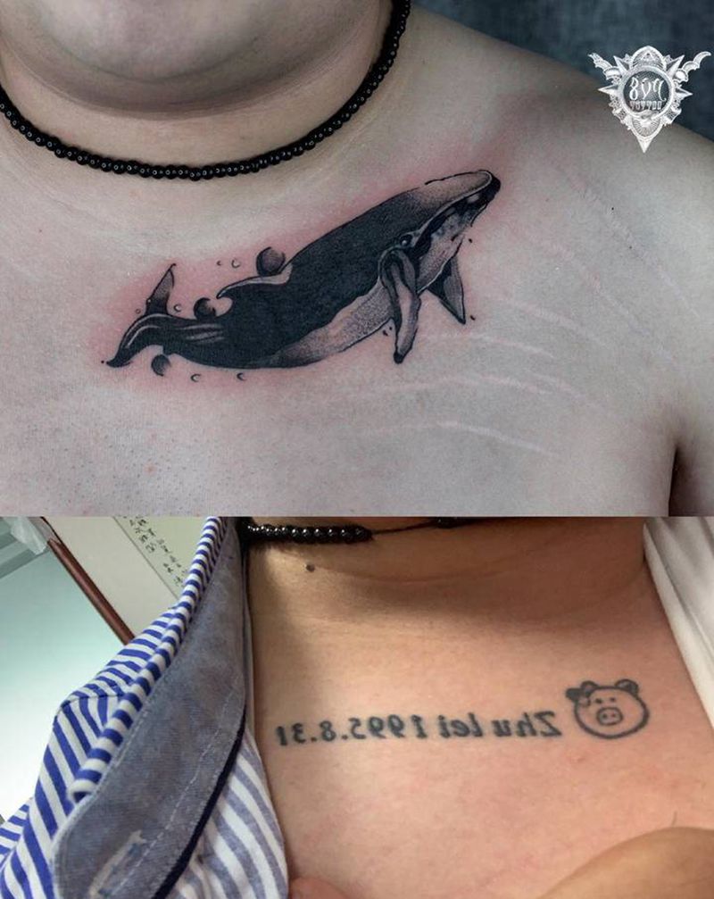 点刺原创遮盖 鲸鱼纹身图片_胸部点刺纹身图案