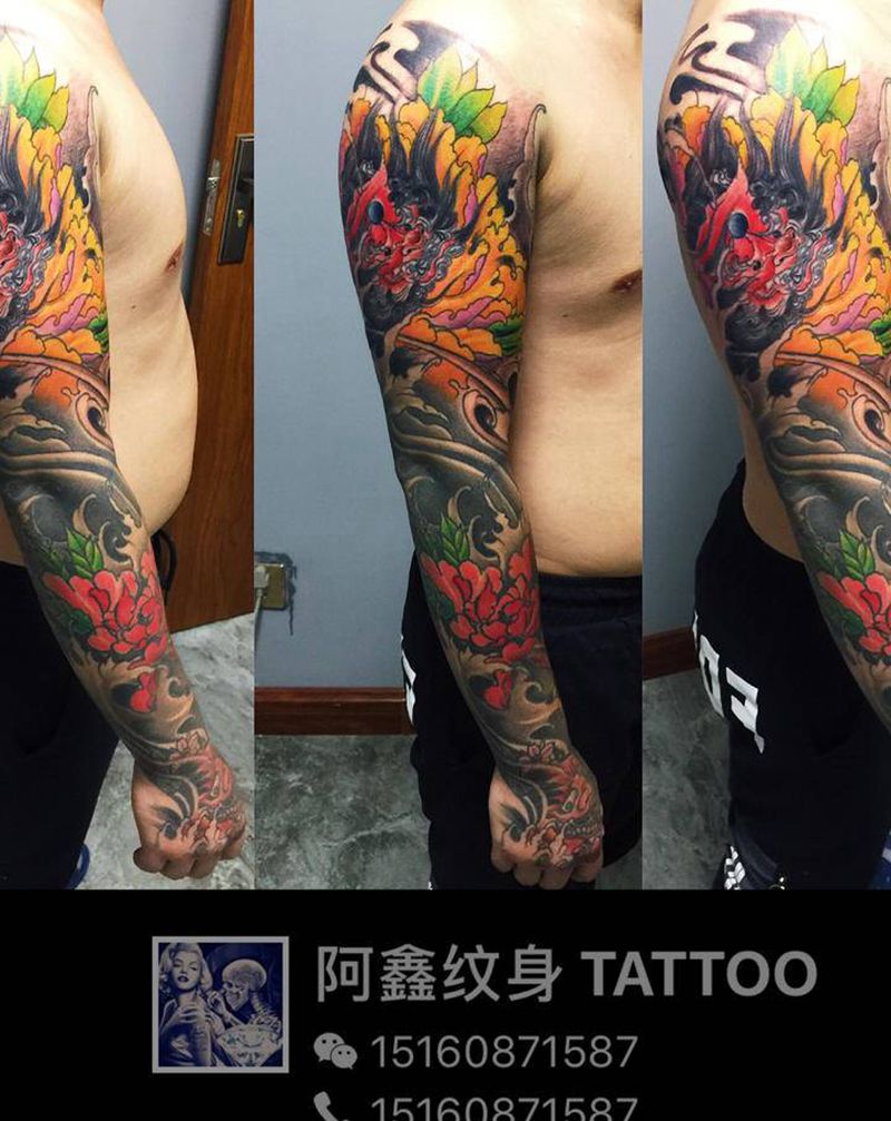 花臂纹身图片_手臂新传统纹身图案